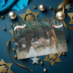 Elegant Serif Hand-Lettered Lycklig Hanukkah Photo Julkort<br><div class="desc">Elegant-handskriven serif "hanukkah" med granatäpplen och blommor med "Lycklig" och "med kärlek" i rosett band. Originalgrafik av Becky Nimoy. Fotoartid av osplash; i turkos</div>