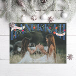 Elegant Serif Hand-Lettered Lycklig Hanukkah Photo Julkort<br><div class="desc">Elegant-handskriven serif "hanukkah" med granatäpplen och blommor med "Lycklig" och "med kärlek" i rosett band. Originalgrafik av Becky Nimoy. Foto av osplash</div>