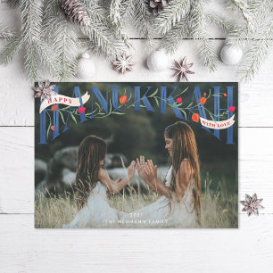 Elegant Serif Hand-Lettered Lycklig Hanukkah Photo Julkort