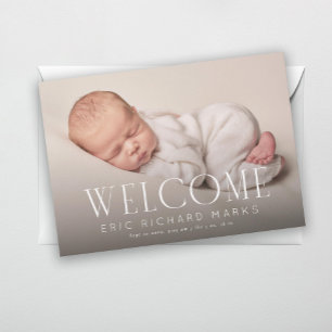 Elegant Serif Välkommen Vågrät Baby Fotofödelse Meddelande