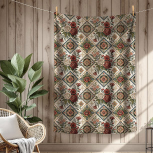Elegant Shabby chic Blanket Röd ros Tile Motifs Fleecefilt