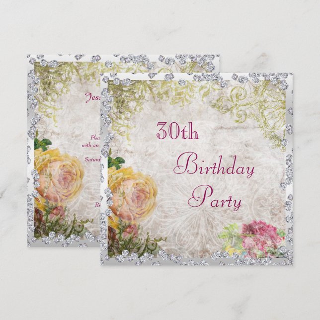 Elegant Shabby Chic Rosor & Diamanter 30-årsfirand Inbjudningar (Fram/baksida)