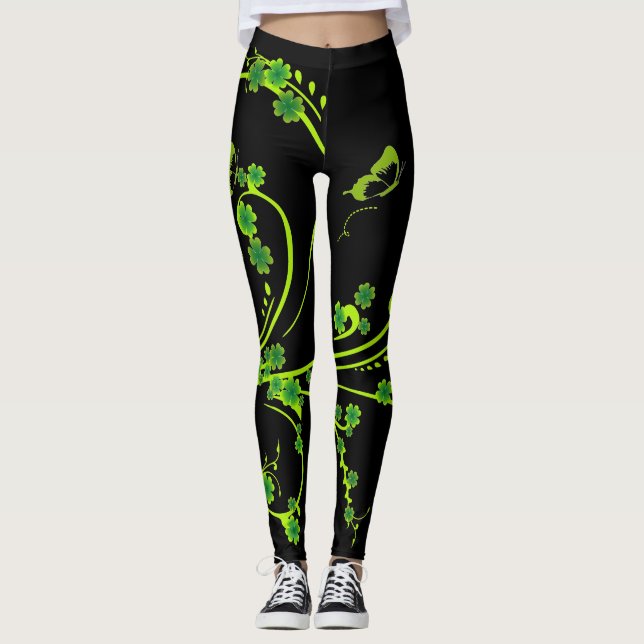 Elegant Shamrock Vines and Butterflies Leggings (Framsida)