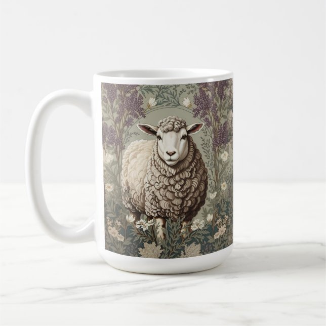 Elegant Sheep Lavender Flower Background Kaffemugg (Vänster)