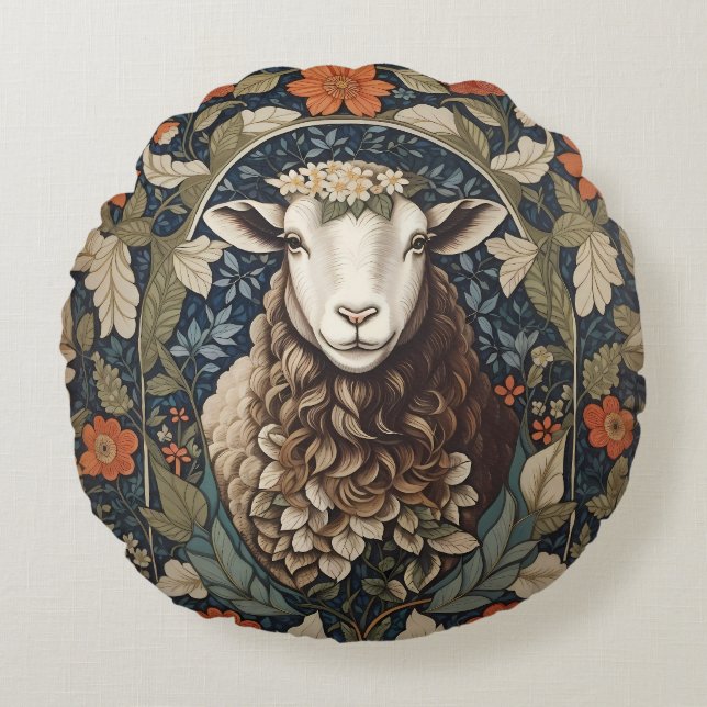 Elegant Sheep William Morris Blommigt Rund Kudde (Framsidan)