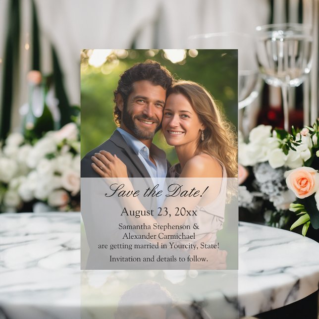 Elegant Sheet Overlay Photo Bröllop Inbjudningar (white overlay photo save the date cards)
