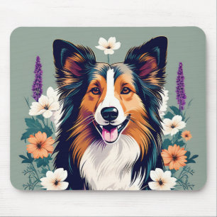 Elegant Shetland Sheepdog med Blommigt Musmatta
