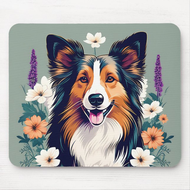 Elegant Shetland Sheepdog med Blommigt Musmatta (Framsidan)