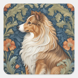Elegant Shetland Sheepdog William Morris Inspired Fyrkantigt Klistermärke