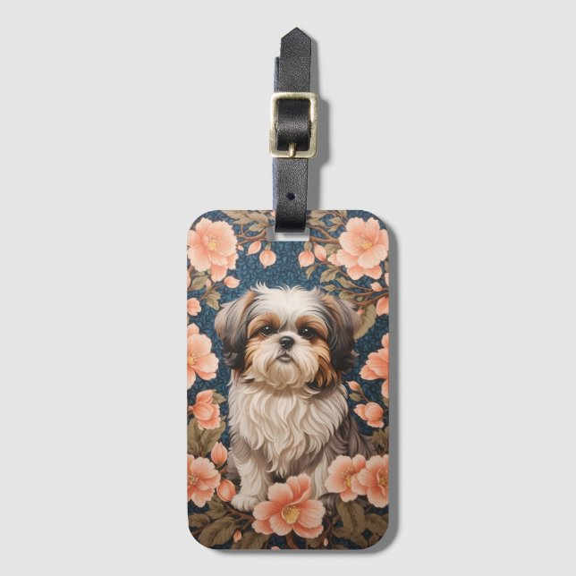 Elegant Shih Tzu Hund William Morris Inspired Bagagebricka (Framsida vertikal)
