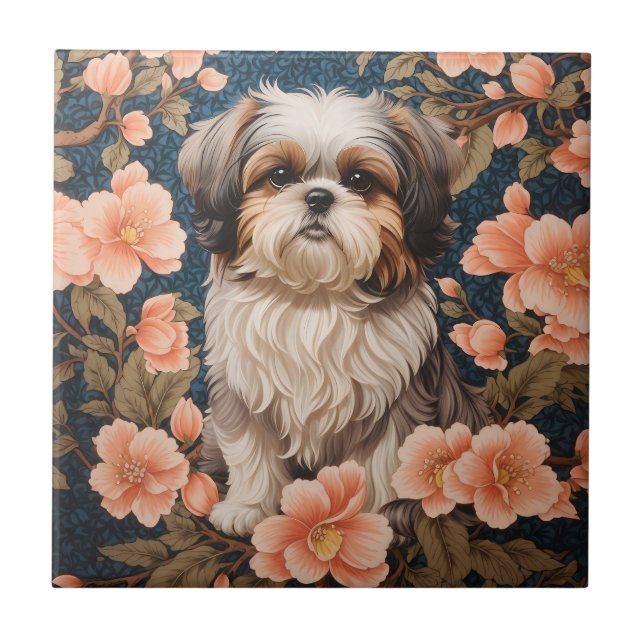 Elegant Shih Tzu Hund William Morris Inspired Kakelplatta (Framsidan)