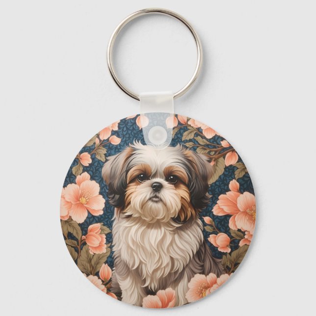 Elegant Shih Tzu Hund William Morris Inspired Nyckelring (Framsida)