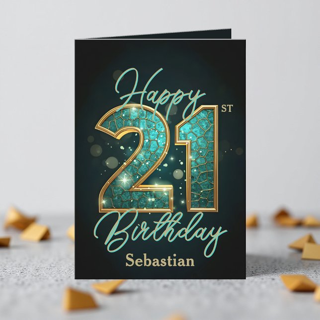 Elegant Shimmering Teal och Guld 21:a födelsedagen Kort (Skapare uppladdad)