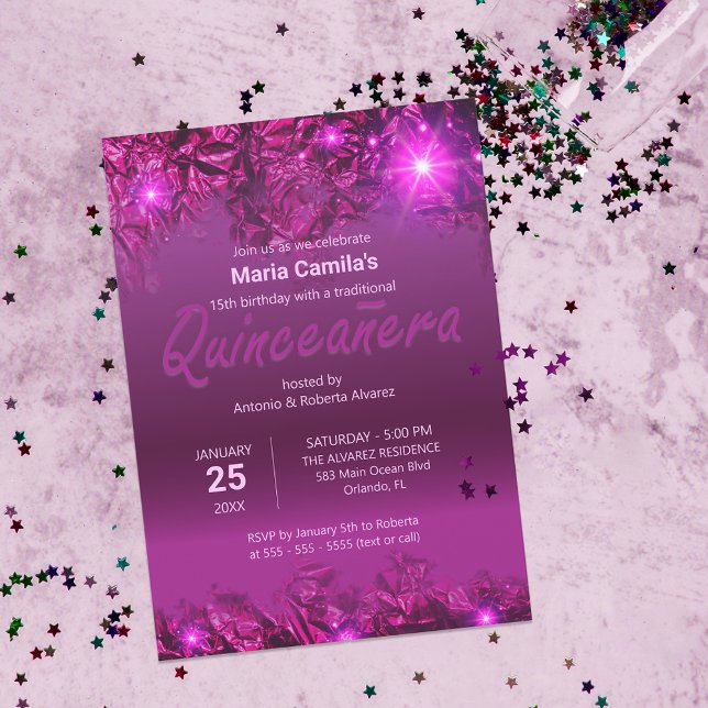 Elegant Shiny Chic Lila Modern Quinceañera Inbjudningar (Skapare uppladdad)
