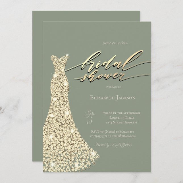 Elegant Shiny Dress Sage Green Bridal Shower  Inbjudningar (Fram/baksida)