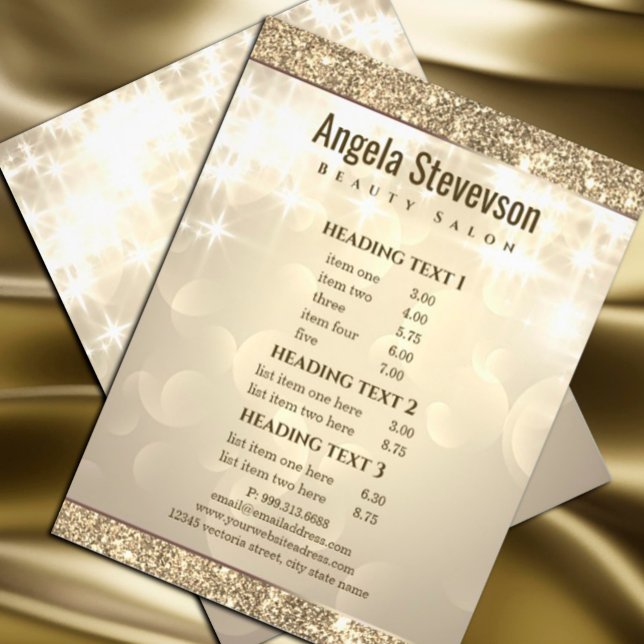 Elegant Shiny Glitter Guld Flyer (#shinypricelist #zazzlemade #elegantopalpricelist #sparkle #light #bright #salepromotion #listofsale)