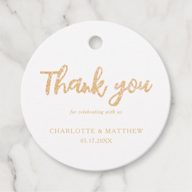 Elegant Shiny Guld Glitter bröllopsförmån Märkre Gåvor Etiketter (Framsida)