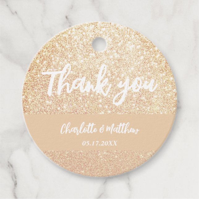 Elegant Shiny Guld Glitter bröllopsförmån Märkre Gåvor Etiketter (Framsida)