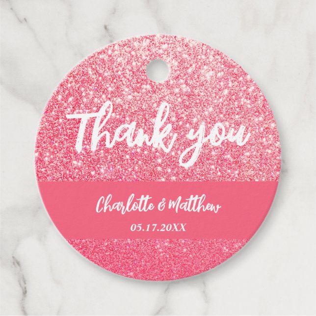 Elegant Shiny Magenta Glitter bröllopsfavoritMärkr Gåvor Etiketter (Framsida)