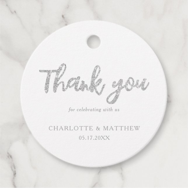 Elegant Shiny Silver Glitter bröllopsförmån Märkre Gåvor Etiketter (Framsida)