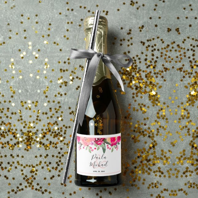 Elegant Shock rosa Blommigt Vattenfärg Mini (Elegant watercolor pink flowers mini sparkling wine labels personalized for your wedding)