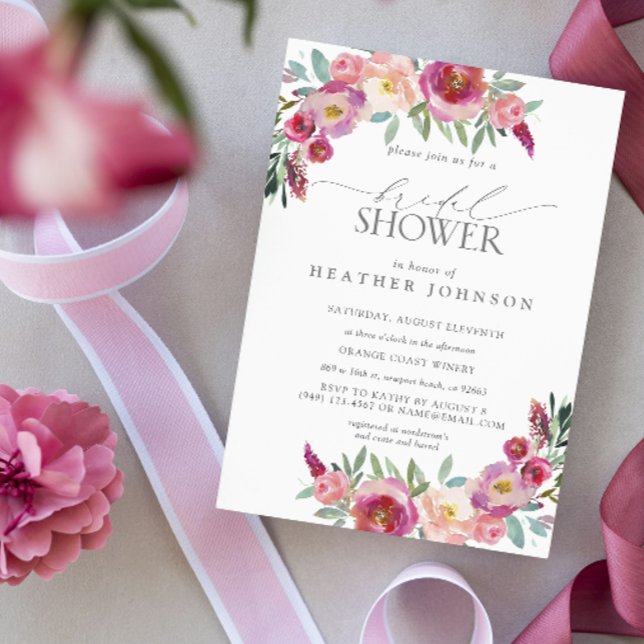 Elegant Shock rosa Flowers Watercolor Möhippa Inbjudningar (Bridal Shower Invitation!)