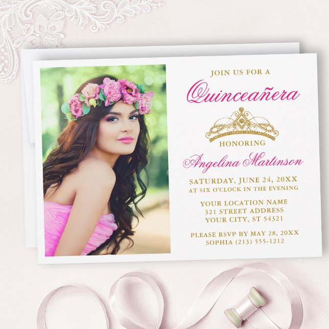 Elegant Shock rosa Krona Photo Quinceanera Inbjudningar (Customize to change text size, style, color or to add text or more photos to back of card.)