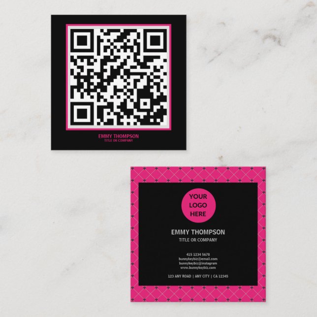 Elegant Shock rosa Magenta Black QR Scan Company Fyrkantigt Visitkort (Fram/baksida)