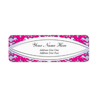 Elegant Shock rosa och Silver Embossed Damask Returadress Etikett