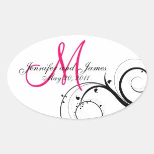Elegant Shock rosa Swirl Monogram Wedding Stickers Ovalt Klistermärke