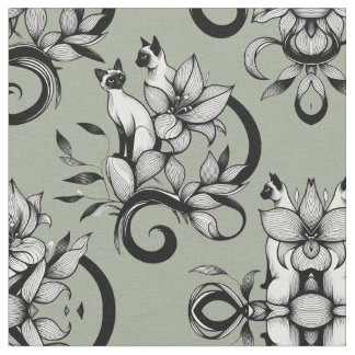 Elegant Siamese Cats Floral Vintage Illustration Tyg