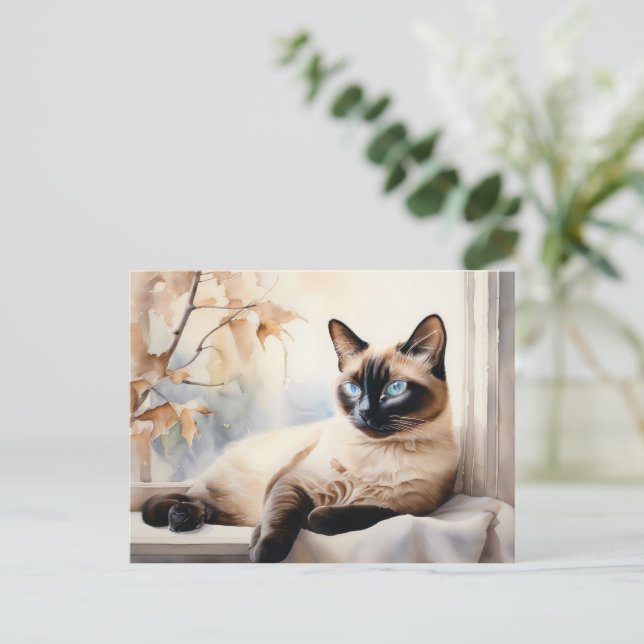 Elegant siamesisk katt akvarell vykort (Stående Fram)
