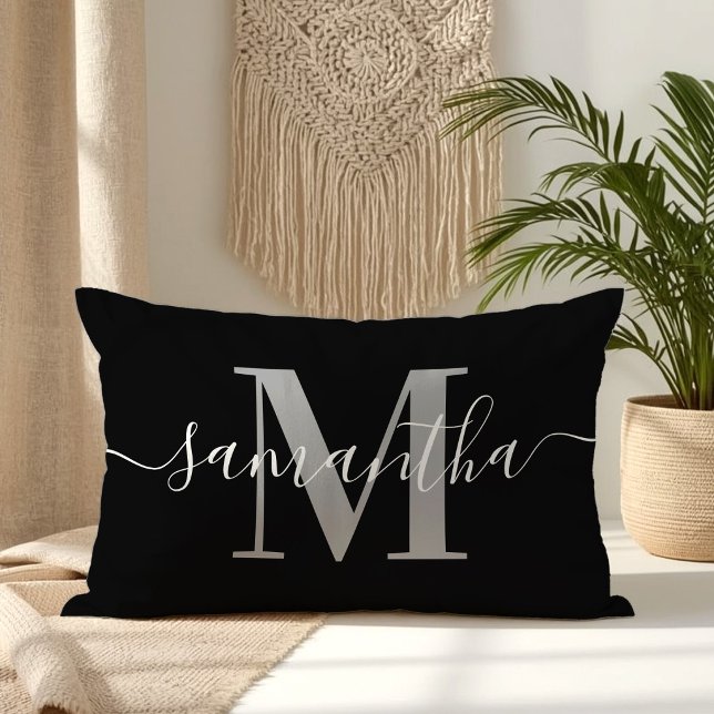 Elegant Signatur Grå Modern Monogram Svart Lumbarkudde (Elegant Signature Grey Modern Monogram Black Lumbar Pillow)