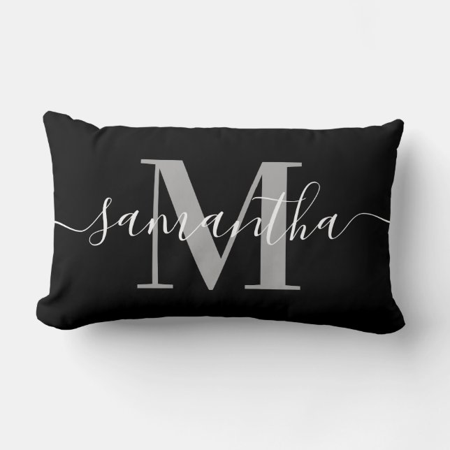 Elegant Signatur Grå Modern Monogram Svart Lumbarkudde (Framsida)