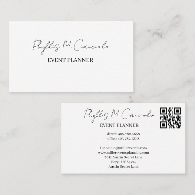 Elegant signatur skript evenemangsplanerare QR-kod Visitkort (Fram/baksida)
