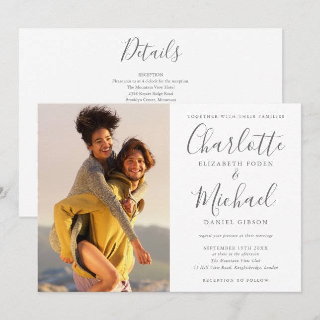 Elegant signatur skript foto bröllop allt i ett inbjudningar (Fram/baksida)