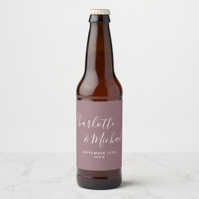 Elegant signatur skript lila bröllop ölflaska etikett (Framsida)