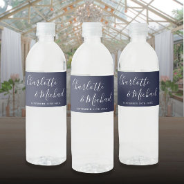 Elegant signatur skrivstil Marinblå Bröllop Vattenflaskor Etikett