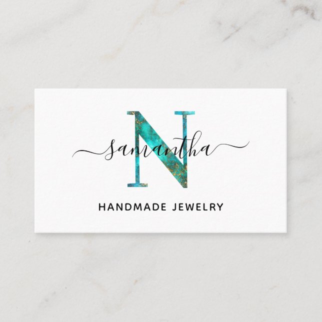 Elegant signatur turkos guld N monogram logotyp Visitkort (Framsida)