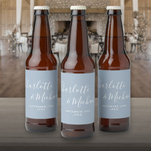 Elegant signaturskrift dammig blå bröllop ölflaska etikett