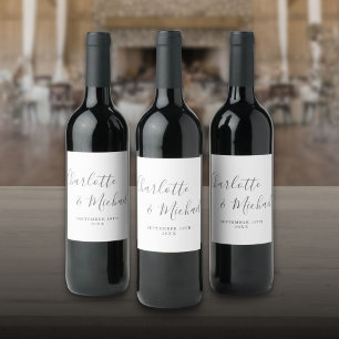Elegant signaturskrift grå och vit bröllop vinflaska etikett