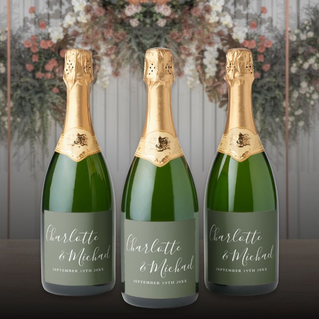 Elegant signaturskrift Olivgrön bröllopsdekor (Elegant Signature Script Olive Green Wedding Sparkling Wine Label)
