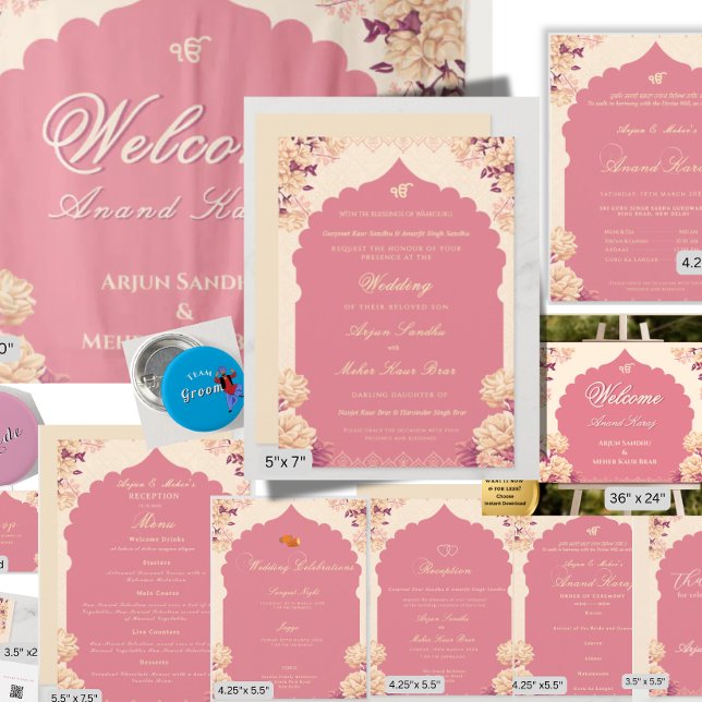 Elegant Sikh Bröllop med blommor | Punjabi Bröllop Inbjudningar (A complete Anand Karaj wedding stationery suite)