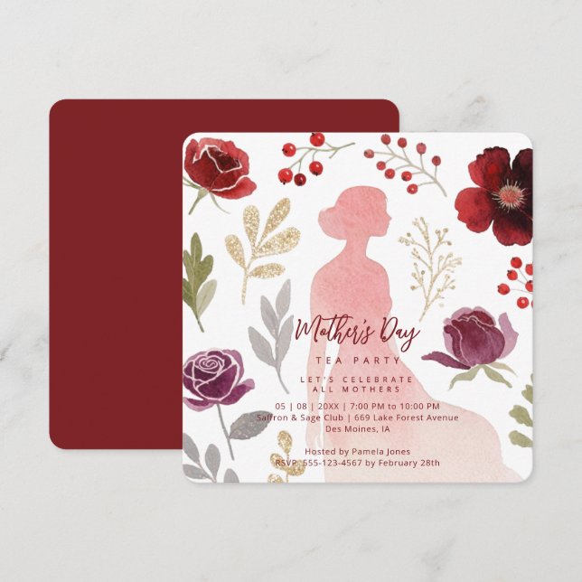 Elegant Silhouette Mothers Day Tea Party Inbjudningar (Fram/baksida)