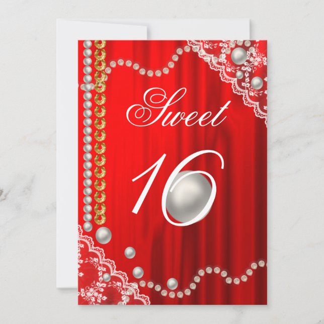 Elegant Silke, vita pärlor, Snöre och Guld Sweet 1 Inbjudningar (Framsida)