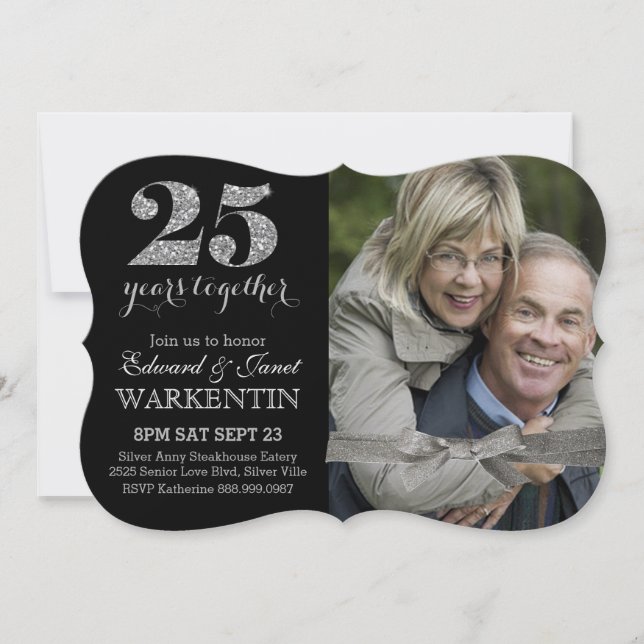 Elegant silver 25-årsjubileum med foto inbjudningar (Framsida)