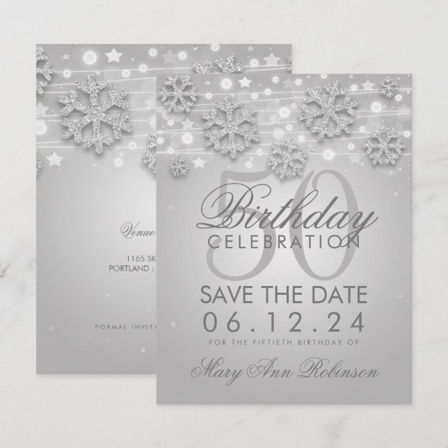 Elegant Silver 50:e födelsedagen Spara datumvinter Inbjudningar (Fram/baksida)
