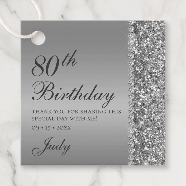 Elegant Silver 80:e födelsedagen Tack Gåvor Etiketter (Framsida)