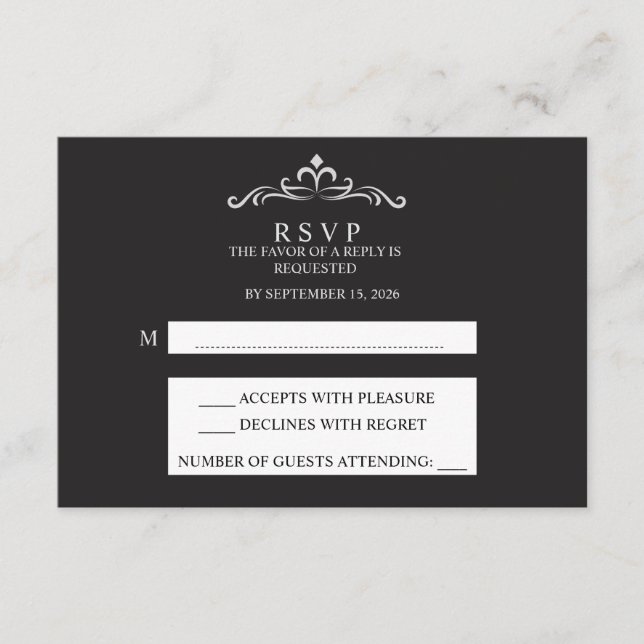 Elegant Silver and Black Horizontal Wedding RSVP  OSA Kort (Framsida)