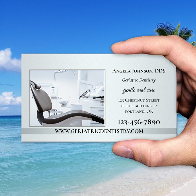 Elegant silver anpassad fototandläkare visitkort (Dentist business card featuring your own custom photo (optional) framed by a silver stylized design)